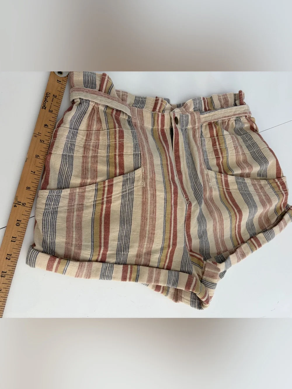 Free People Topanga Tan Combo Striped Paperbag Waist Shorts Size Small NWT